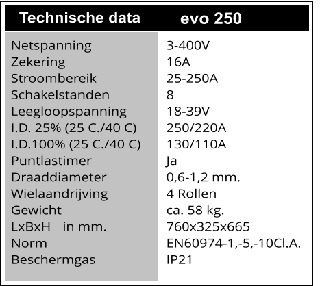Synchron Steuerung  Technische data evo 250 Netspanning			3-400V Zekering				16A	 Stroombereik			25-250A Schakelstanden			8 Leegloopspanning		18-39V I.D. 25% (25 C./40 C)		250/220A I.D.100% (25 C./40 C)	130/110A Puntlastimer			Ja Draaddiameter			0,6-1,2 mm. Wielaandrijving			4 Rollen Gewicht					ca. 58 kg. LxBxH	in mm.			760x325x665 Norm					EN60974-1,-5,-10Cl.A. Beschermgas			IP21